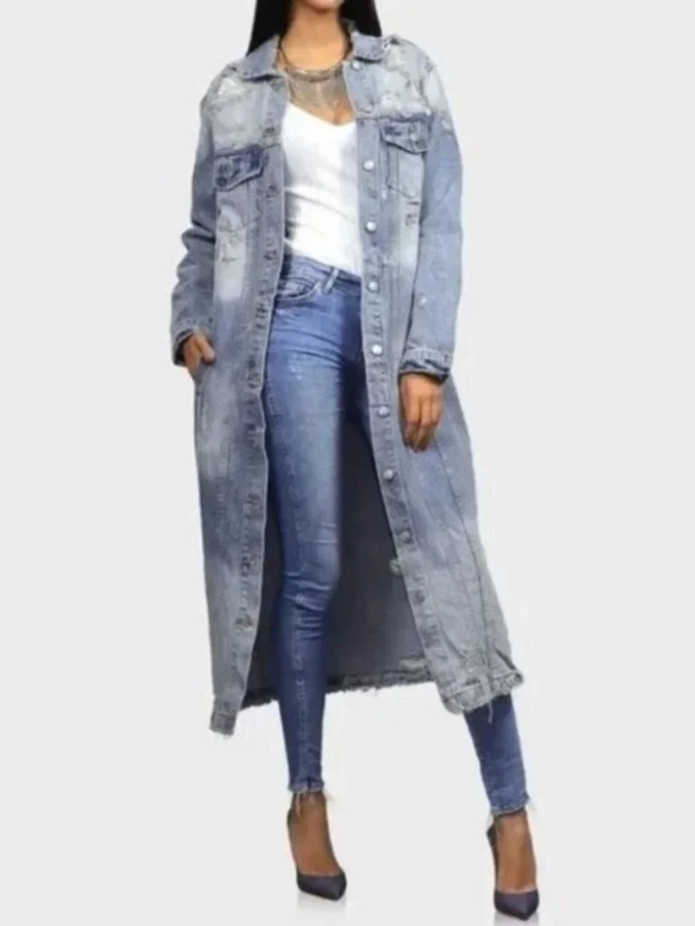 Light Wash Distressed Longline Denim Jacket Oversized Jean Jacket NWT